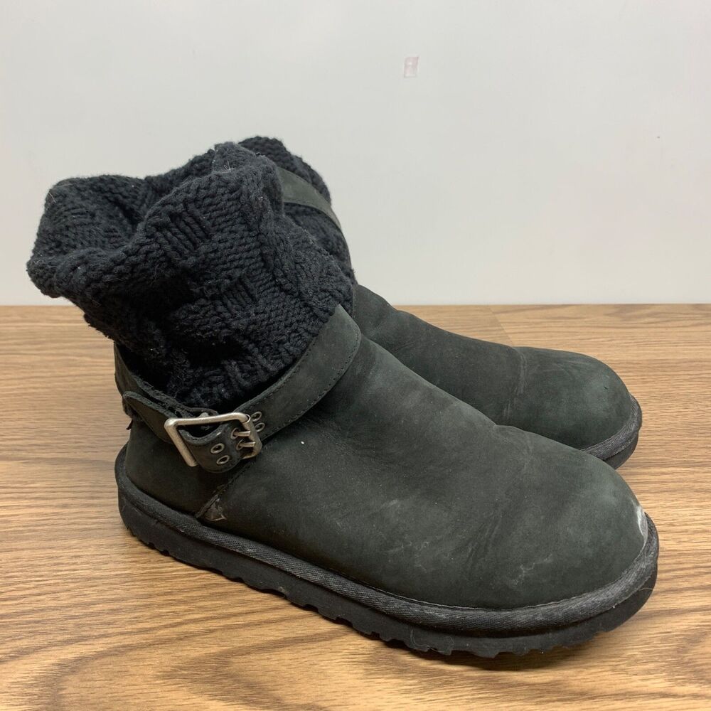 UGG Cassidee Knit Leather Black Winter Boots Size 7 1007690 Buckle Pull On